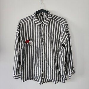 H&M Divided Womens Size 6 Top Gray White Striped Button-Up Shirt w/ Embroidery